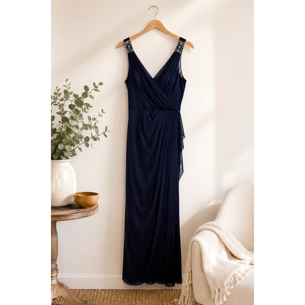 Xscape Joanna Chen Navy Beaded Formal Long Evening Gown Dress USA Size 18
